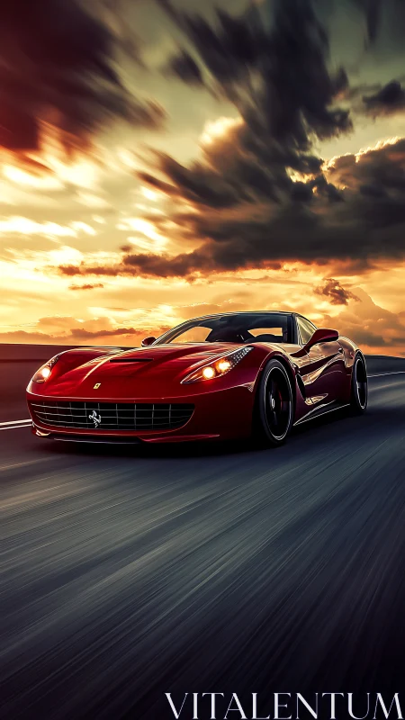Crimson supercar racing beneath dramatic sunset clouds.