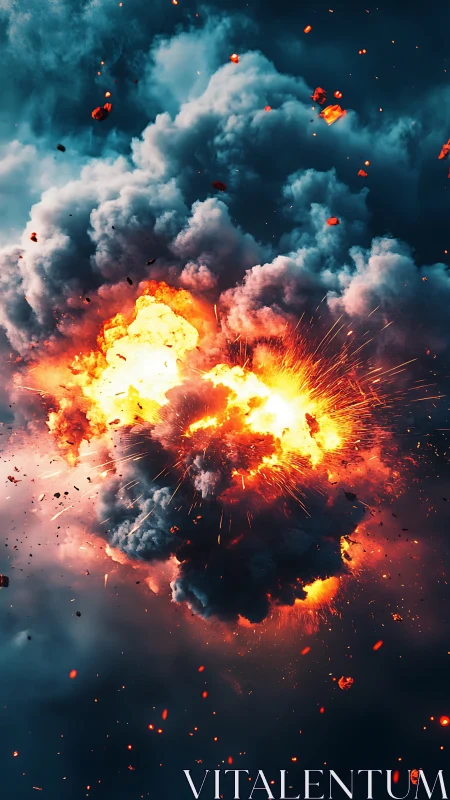 Massive Explosion Erupts Against Deep Blue Sky.