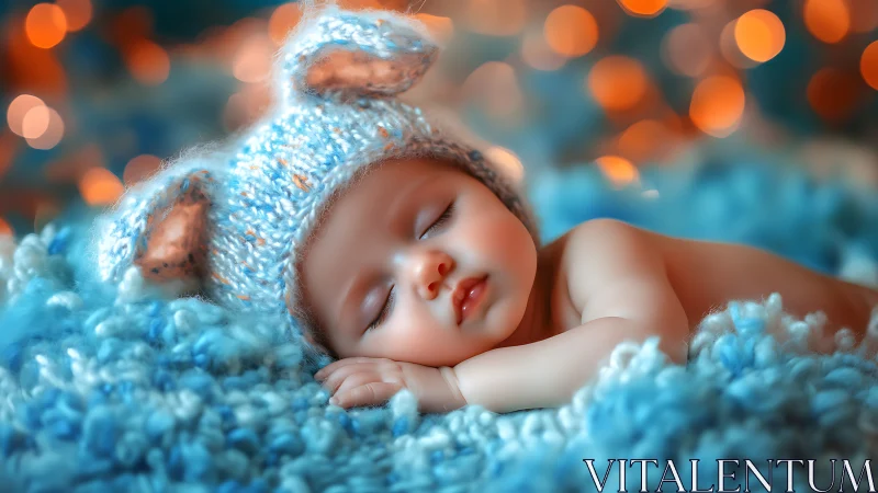 Sleeping infant in blue knit sweater and hat on soft fabric