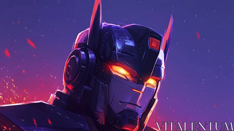 Armored robot portrait glows against neon twilight sky