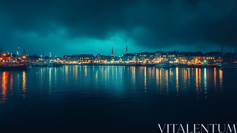 Harbor skyline glows under stormy teal night clouds.