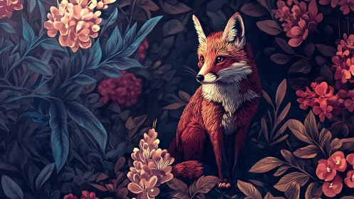 Gentle woodland fox resting amid glowing twilight blossoms.