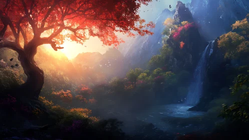 Sun-scorched crimson tree guards a mist-veiled waterfall valley