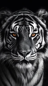 Photoreal tiger portrait with intense amber eyes in shadow.