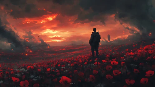 Solitary soldier surveys burning horizon over poppy field