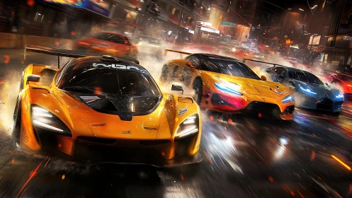 Roaring supercars slice through a neon city in wet night racing