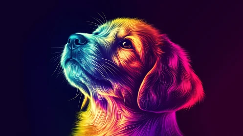 Neon gradient dog portrait with glowing fur detail.