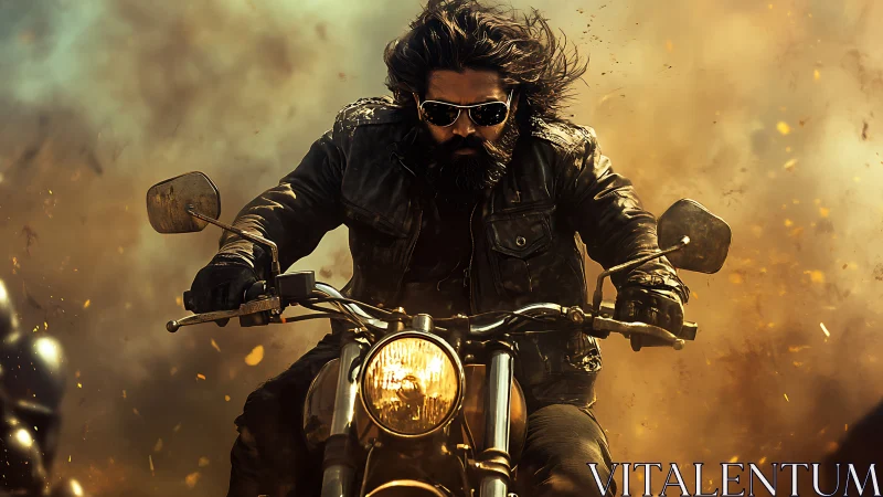 Bearded biker in leather jacket riding motorcycle through dust