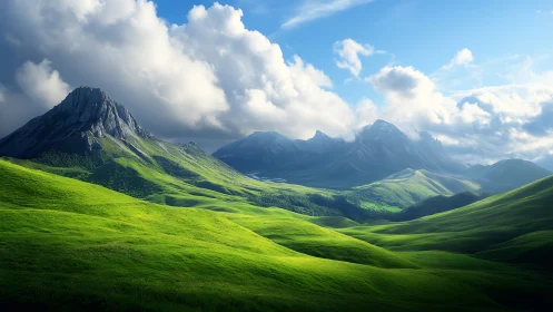 Sunlit green hills below dramatic mountain peaks.