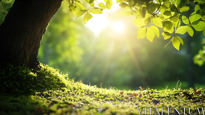 Sunlit forest nook where quiet green light feels alive.