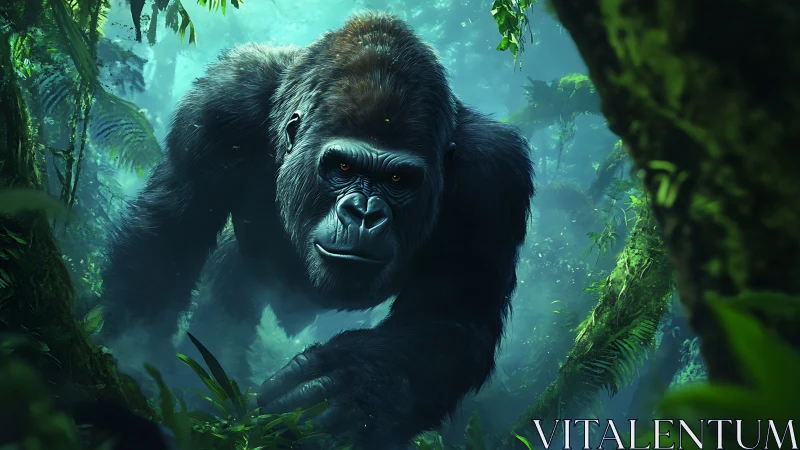 Strong silverback gorilla moving through dense jungle scene.