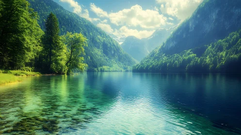 Mountain lake with emerald shoreline and forest reflections.