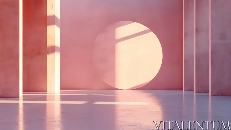 Minimalist pink atrium displays circular aperture with hard sunlight