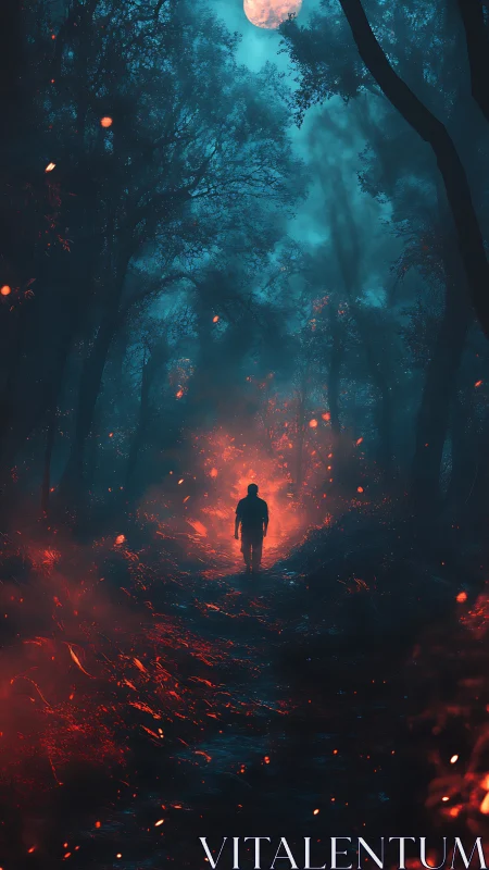 Cinematic nocturnal forest path with ember-lit lone figure.