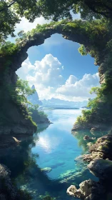 Rock arch over clear river channel with distant mountains.