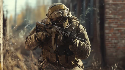 Tactical operator advancing with carbine in urban conflict zone