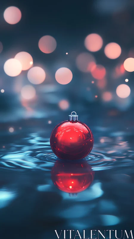 Red glass ornament floats on reflective water with bokeh lights