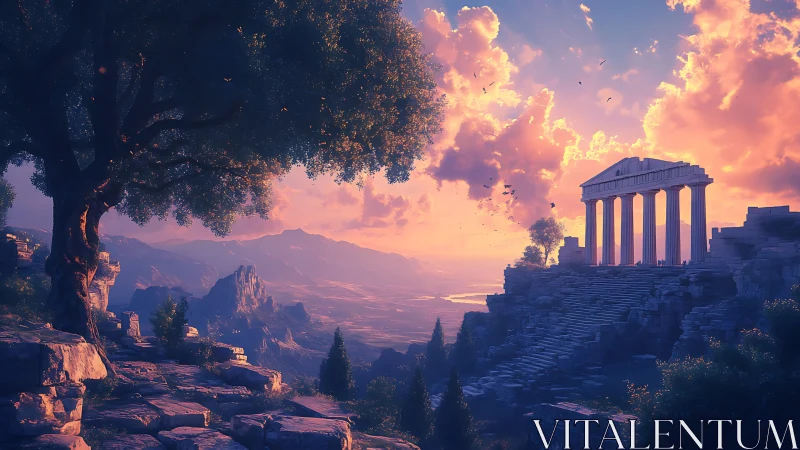 Sunset-illuminated Hellenic ruins on terraced mountain plateau.