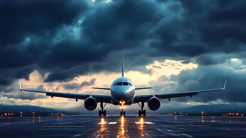 Airliner on wet runway under storm clouds in cinematic lighting