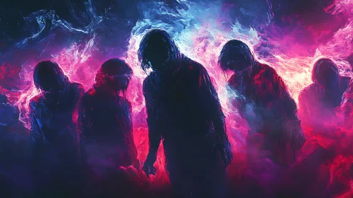 Shrouded silhouettes emerge within neon smoke and burning light