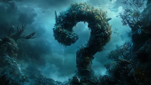 Bioluminescent arboreal question mark in mist-laden abyssal grove.