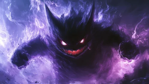 Playful ghostly creature emerging from swirling purple mist.