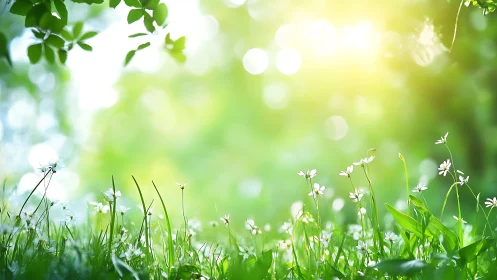 Sunlit wildflower meadow with soft focus and vibrant greens.