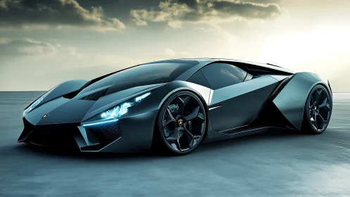 3D hypercar profile with faceted aero body and low horizon lighting.
