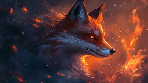 Infernal fox portrait wreathed in dynamic blazing embers.