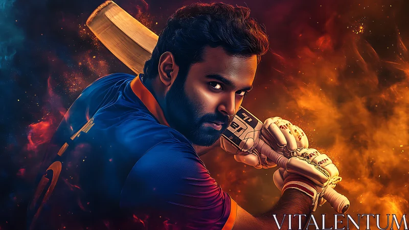 Dynamic cricket batsman portrait with dramatic bokeh flames and split-color lighting