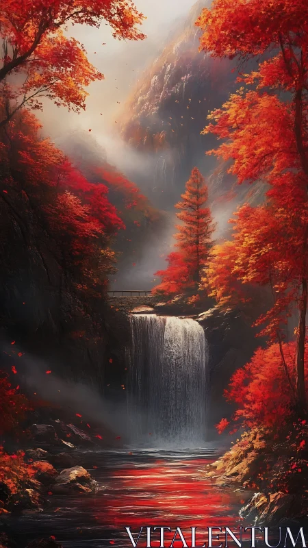 Autumn waterfall in red forest canyon with misty cliffs.