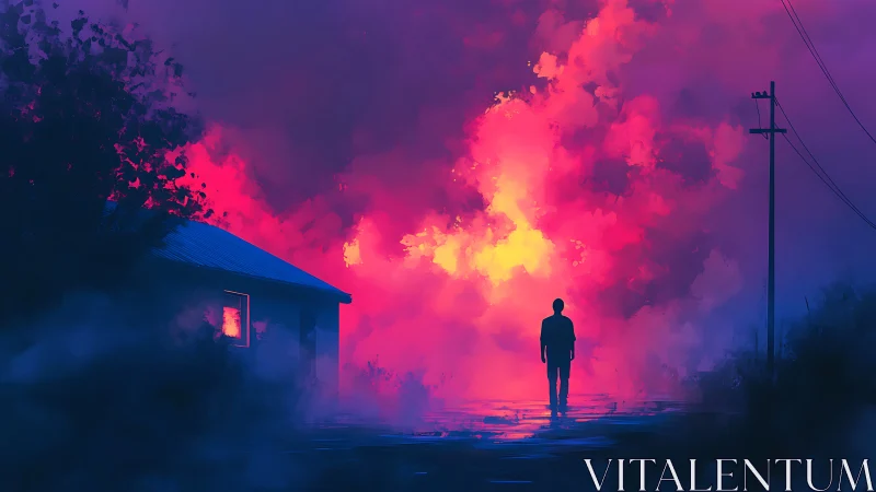 Silhouetted wanderer walks toward neon storm clouds at dusk.