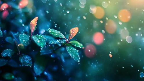 Fresh green leaves glisten in colorful evening rain light