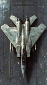 Futuristic twin-engine fighter jet rests on worn carrier deck.