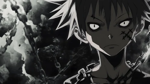 Brooding anime hero stands strong in a storm of chains.