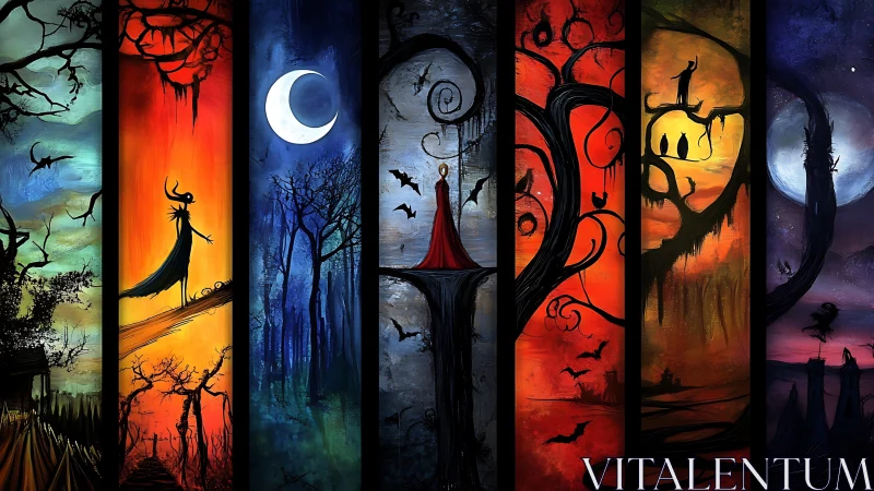 Segmented nocturnal gothic landscape with silhouetted figures.