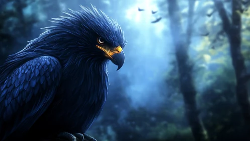 Majestic blue eagle in mystical forest, digital fantasy artwork.