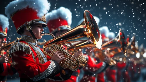 Snowfall illuminates marching band brass with precise depth of field
