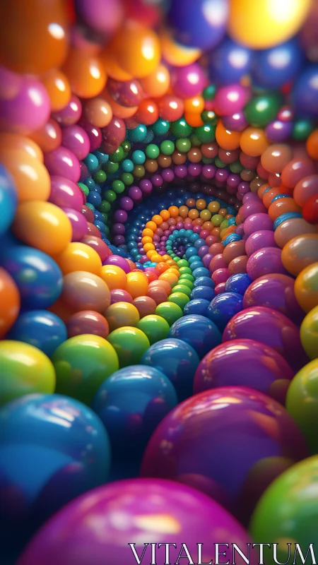 Helical tunnel of glossy multicolor spheres in deep perspective