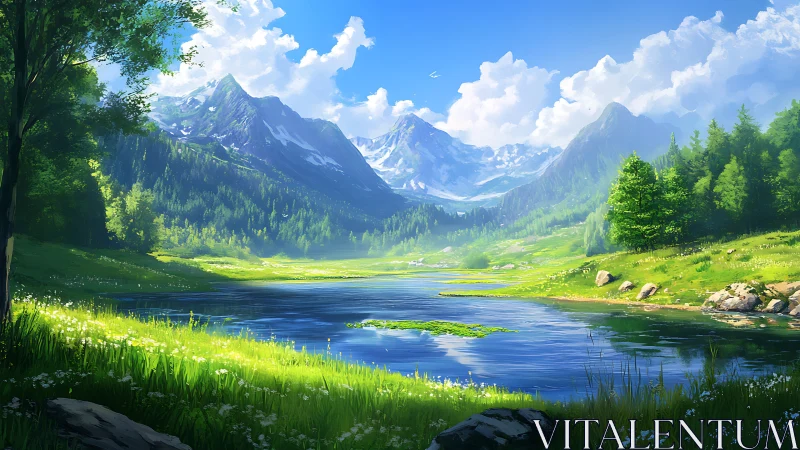 Mountain valley lake with forests under clear daylight.