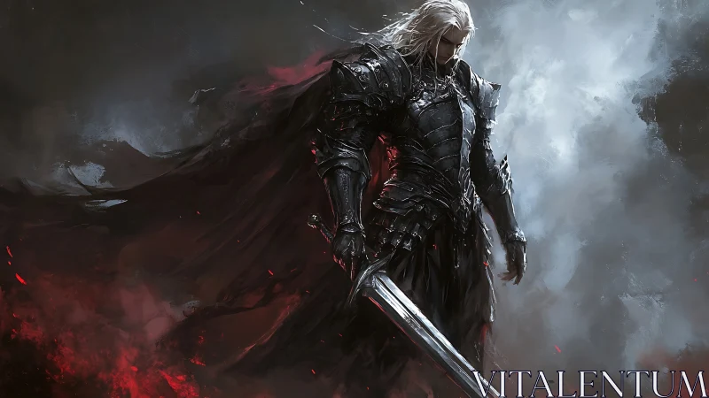 Dark armored swordsman in smoky battlefield environment.