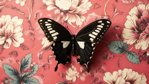 Velvet-winged butterfly steals the spotlight from floral wallpaper