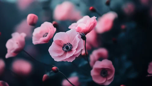 Pink Anemone Flowers With Dark Background.