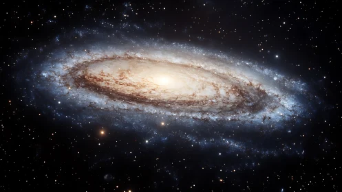 Spiral galaxy glows with dense star fields and bright core.