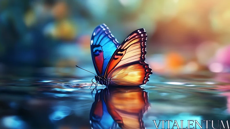 Gentle twilight butterfly resting over painted water.