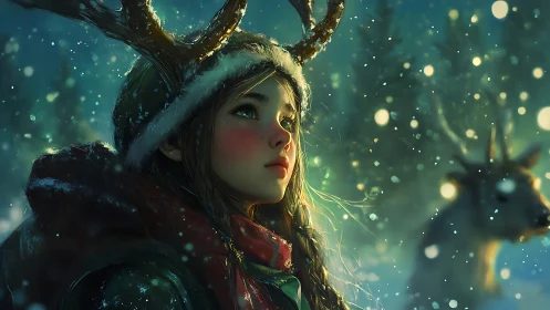 Winter forest girl with antlers under falling snow.