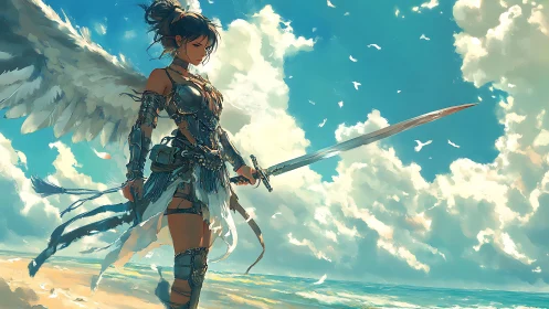 Winged warrior stands armed on sunlit ocean shoreline