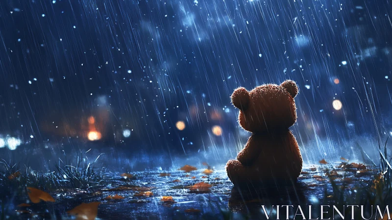 Lonely teddy bear in rainy night street under city lights.