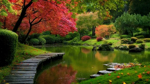 Tranquil Japanese Garden in Autumn with Lush Foliage and Pond.