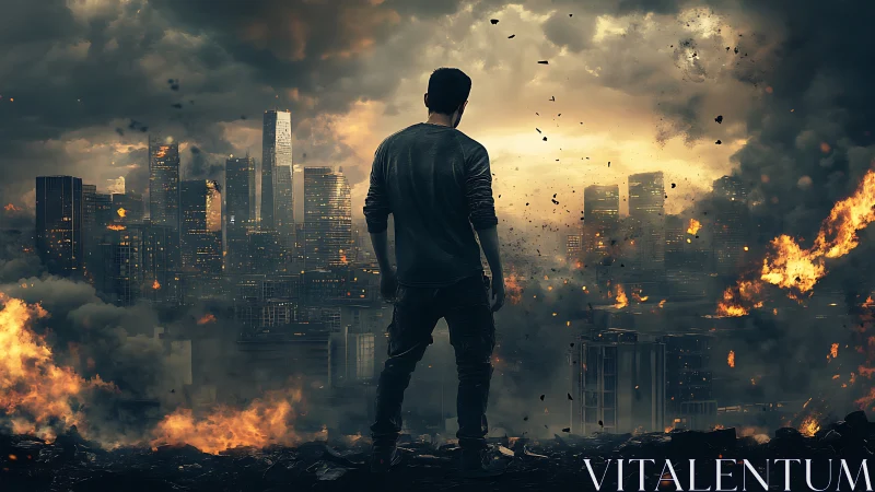One lone figure calmly surveys a burning futuristic city skyline